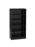 Black metal bookshelf with five empty shelves, viewed from the front at a slight angle.