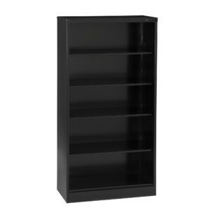 Black metal bookshelf with five empty shelves, viewed from the front at a slight angle.