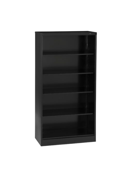 d7gb2nmm1eegeyr0ln8r.jpg Black metal bookshelf with five empty shelves, viewed from the front at a slight angle.