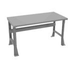 A gray adjustable height workbench with a flat rectangular tabletop and sturdy steel frame. The legs have multiple holes for height customization, and the overall design is simple and functional.
