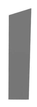 A tall, irregularly shaped grey structure with a slanted top, positioned against a plain white background.