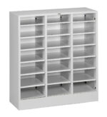 Metal shelving unit with three columns and adjustable shelves, each column containing five open shelves. The unit is white and stands on a flat surface.