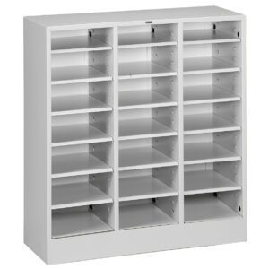 Metal shelving unit with three columns and adjustable shelves, each column containing five open shelves. The unit is white and stands on a flat surface.