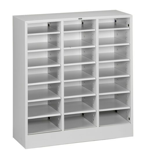 Metal shelving unit with three columns and adjustable shelves, each column containing five open shelves. The unit is white and stands on a flat surface.