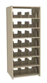 Beige storage rack with multiple horizontal shelves, each featuring empty, adjustable dividers designed for organizing and separating items like files or inventory. The unit is freestanding with an open back.