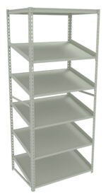 A tall, freestanding metal shelf with five tiers and angled shelves. The structure has a light gray finish and open sides, commonly used for organizing or storing items in a garage or warehouse.
