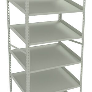 A tall, freestanding metal shelf with five tiers and angled shelves. The structure has a light gray finish and open sides, commonly used for organizing or storing items in a garage or warehouse.