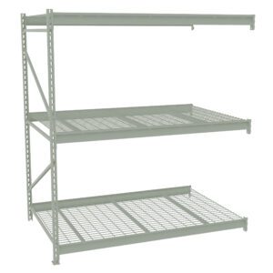 Metal shelving unit with three wire mesh shelves and side supports. The shelves are evenly spaced, providing sturdy storage options. The unit is light gray and designed for industrial or garage use.