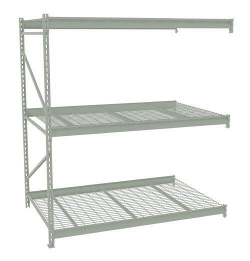 d9nfsrdufrg5qghex75x.jpg Metal shelving unit with three wire mesh shelves and side supports. The shelves are evenly spaced, providing sturdy storage options. The unit is light gray and designed for industrial or garage use.
