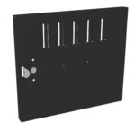A black, rectangular metal panel with vertical slits near the top, a keyhole, and a small round button on the left side.