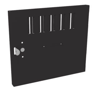 A black, rectangular metal panel with vertical slits near the top, a keyhole, and a small round button on the left side.