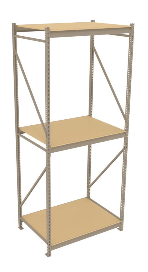 d9pncq4apr4vauunaspl.jpg A beige, three-tier metal shelving unit with adjustable shelves, reinforced with diagonal supports, and suitable for storage or organization.