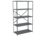 Metal shelving unit with five shelves, shown in a gray finish. The design includes a sturdy frame with cross-bracing on the back for added stability. The shelves are evenly spaced and suitable for storage in garages, warehouses, or offices.