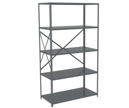Metal shelving unit with five shelves, shown in a gray finish. The design includes a sturdy frame with cross-bracing on the back for added stability. The shelves are evenly spaced and suitable for storage in garages, warehouses, or offices.
