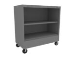 A gray, two-shelf metal storage cabinet on wheels with an open front design, allowing easy access to contents. The cabinet has a simple, modern appearance with sturdy casters for mobility.
