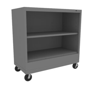 A gray, two-shelf metal storage cabinet on wheels with an open front design, allowing easy access to contents. The cabinet has a simple, modern appearance with sturdy casters for mobility.