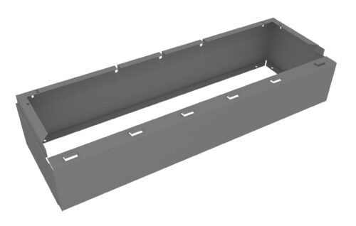 A gray, rectangular metal box with an open top and cut-out slots on the sides. The box appears to be designed for industrial or construction purposes.