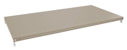 A beige metal shelf with a flat surface, featuring multiple small holes along the edges. The shelf has brackets on each corner for mounting. Its designed for use in storage systems or shelving units.