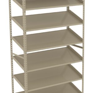 A beige metal shelving unit with seven empty horizontal shelves. The shelves are supported by vertical metal beams with small holes for adjustable shelf placement. The shelving is freestanding and has a basic industrial design.