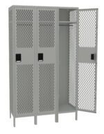 A gray metal locker with three compartments, featuring a mesh-like door design. The compartment on the right is open, revealing a hanging rod and a shelf. The lockers stand on small legs.