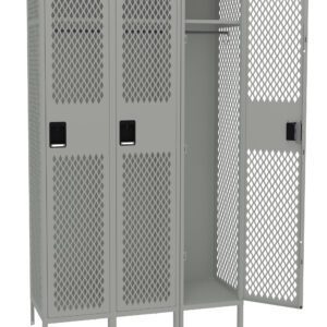 A gray metal locker with three compartments, featuring a mesh-like door design. The compartment on the right is open, revealing a hanging rod and a shelf. The lockers stand on small legs.