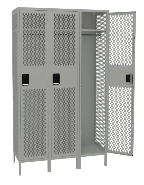 db4fwcynawi4cwzkvxb9.jpg A gray metal locker with three compartments, featuring a mesh-like door design. The compartment on the right is open, revealing a hanging rod and a shelf. The lockers stand on small legs.