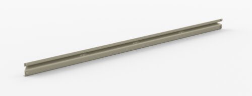 A long, light gray metal rail with a flat base and two parallel ridges running along its length, designed for mounting or securing objects. The rail is placed against a plain white background.