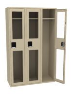 Three beige lockers with transparent doors, one open showing an empty interior with a hanging rod. Each locker has a black handle and a compartment below the transparent section. The design is simple and industrial.