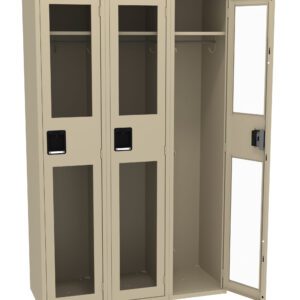 Three beige lockers with transparent doors, one open showing an empty interior with a hanging rod. Each locker has a black handle and a compartment below the transparent section. The design is simple and industrial.
