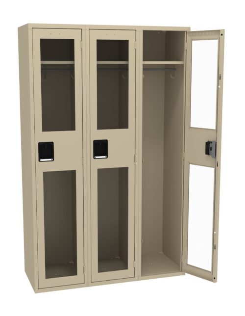 Three beige lockers with transparent doors, one open showing an empty interior with a hanging rod. Each locker has a black handle and a compartment below the transparent section. The design is simple and industrial.
