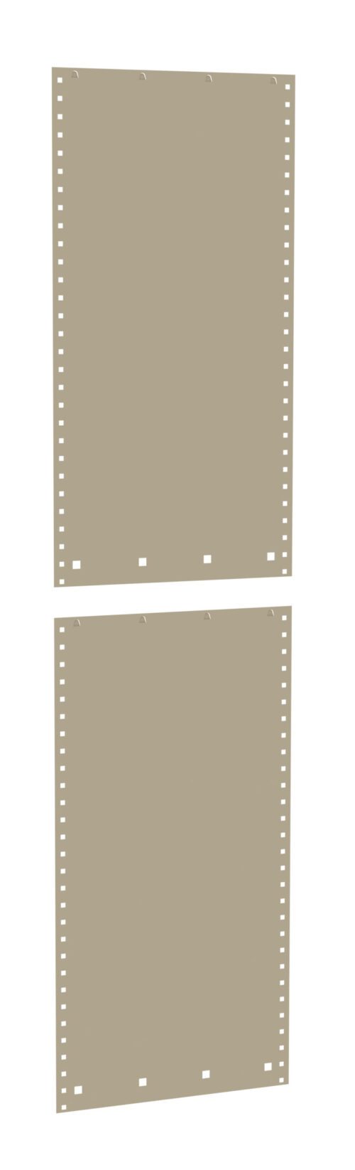 Two blank sheets of continuous feed computer paper with perforated edges are shown. Each sheet has a series of evenly spaced holes along the sides, designed for use in a dot matrix printer. The sheets are positioned vertically.