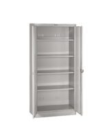 A tall, open metal cabinet with five adjustable shelves and a partially opened glass door. The cabinet is empty and has a simple, industrial design with a light gray finish.