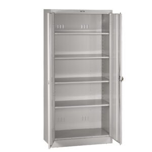 A tall, open metal cabinet with five adjustable shelves and a partially opened glass door. The cabinet is empty and has a simple, industrial design with a light gray finish.