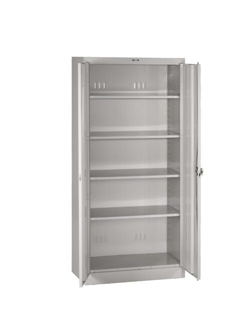 dbtlulu6o9thaghg6xtx.jpg A tall, open metal cabinet with five adjustable shelves and a partially opened glass door. The cabinet is empty and has a simple, industrial design with a light gray finish.
