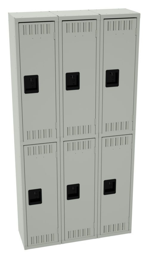 dbvf9nayms1vouvuom6s.jpg A set of six beige metal lockers, arranged in two rows of three. Each locker has a vented top and bottom section and a rectangular black handle. The lockers are placed against a white background.