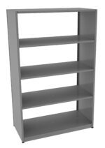 A gray, five-shelf metal bookshelf with an open-back design. The shelves are evenly spaced and the structure appears sturdy, suitable for organizing books or storage items.