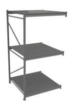 Metal shelving unit with three adjustable horizontal shelves. The structure is made of steel with a gray finish, featuring cross-supports for stability. Ideal for storage in warehouses or garages.