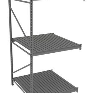 Metal shelving unit with three adjustable horizontal shelves. The structure is made of steel with a gray finish, featuring cross-supports for stability. Ideal for storage in warehouses or garages.