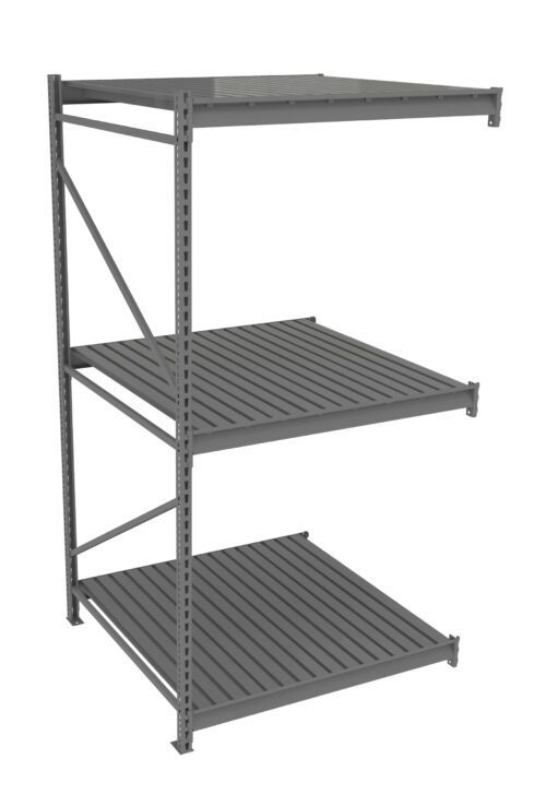 Metal shelving unit with three adjustable horizontal shelves. The structure is made of steel with a gray finish, featuring cross-supports for stability. Ideal for storage in warehouses or garages.
