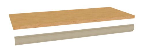 A wooden shelf plank with a smooth, light wood texture is placed above a metallic bracket. The bracket is shown without being attached, demonstrating how the shelf might be supported. Both are isolated on a white background.