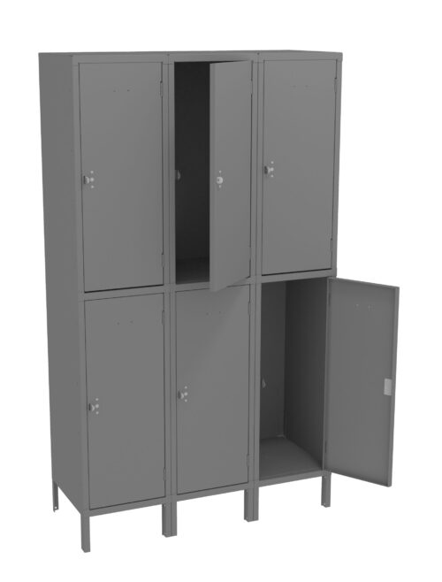 A set of six gray metal lockers. The lockers are organized in two rows of three. Two doors are open, showing empty interior spaces, while the rest remain closed.