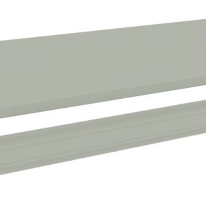 A long, flat, rectangular metal panel is placed above a matching metal support beam with holes at each end. Both are light gray and have smooth surfaces.