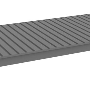 A gray, rectangular metal pallet with a ribbed surface is depicted. It has a flat design and a slightly elevated frame on all sides.