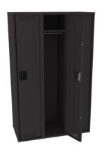 A black two-door metal locker with one door slightly ajar, revealing an empty interior with a hanging rod inside. The locker has vents on the doors and a handle on each side.