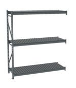 A three-tiered metal shelving unit with a dark gray finish. The shelves are evenly spaced and supported by a sturdy frame. The unit is freestanding and appears suitable for storage in a garage or warehouse setting.