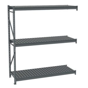 A three-tiered metal shelving unit with a dark gray finish. The shelves are evenly spaced and supported by a sturdy frame. The unit is freestanding and appears suitable for storage in a garage or warehouse setting.