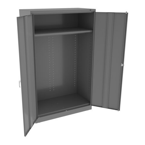 deeclbeetvyn0qrgw1tt.jpg Open gray metal cabinet with two doors and a single shelf inside. The interior is empty, displaying adjustable shelf holes. The cabinet has a handle on the side and is set against a plain white background.