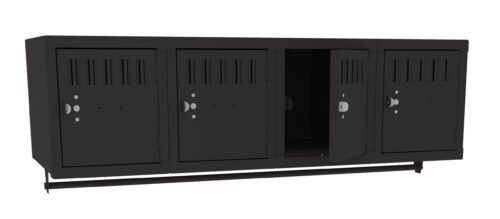 A row of four black lockers, with vented doors and handles. The second locker from the right is open, revealing an empty interior. The lockers are mounted on a horizontal frame.