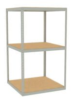 Metal shelving unit with two wooden shelves, shown against a white background. The frame is light gray, and the design is simple and industrial.