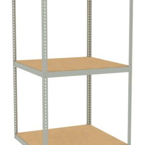Metal shelving unit with two wooden shelves, shown against a white background. The frame is light gray, and the design is simple and industrial.